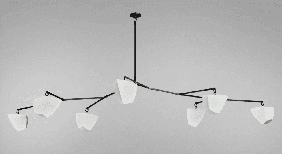 A modern, sculptural chandelier with a dark-finished metal frame and multiple articulated arms, each supporting an opaque, geometric white shade. The design is contemporary and minimalist, spreading light across a wide area. — 3D model