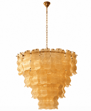 A multi-tiered chandelier with decorative elements resembling wavy glass or plastic strips. The structure is suspended by a metal chain and appears to be illuminated from within, though the light source is not directly visible. The tiered design creates a cascading effect. — 3D model