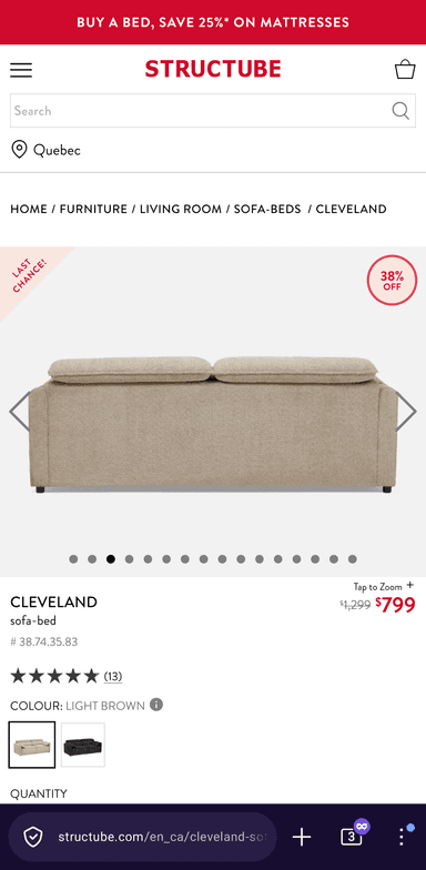 A light brown, contemporary sofa bed composed of modular sections, upholstered in a textured fabric. It features a low-profile design with multiple plush cushions forming the seat and backrests, giving it a relaxed aesthetic. The sofa includes individual padded components that suggest reconfigurability or conversion for sleeping. Small, dark, recessed feet are visible at the base. — 3D model
