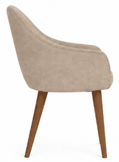 A contemporary upholstered armchair with a light beige fabric finish and four tapered wooden legs. — 3D model