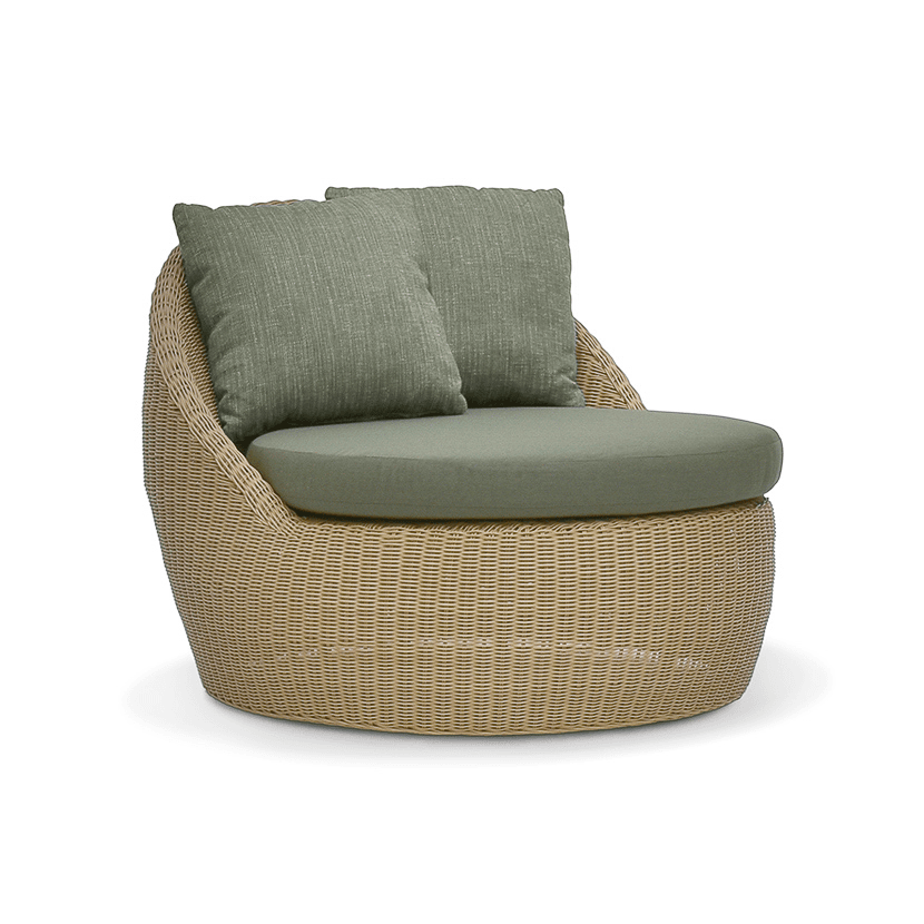 A round, tub-shaped lounge chair constructed from finely woven wicker or rattan in a light natural tone, featuring a single thick, round seat cushion and two square back cushions, all upholstered in a muted olive-green fabric. — 3D model