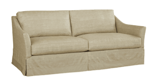 A two-seater loveseat upholstered in a light beige, textured fabric. It features a fully skirted base, concealing the legs, and gently sloped track arms. The seating consists of two removable seat cushions and two rectangular back cushions. — 3D model