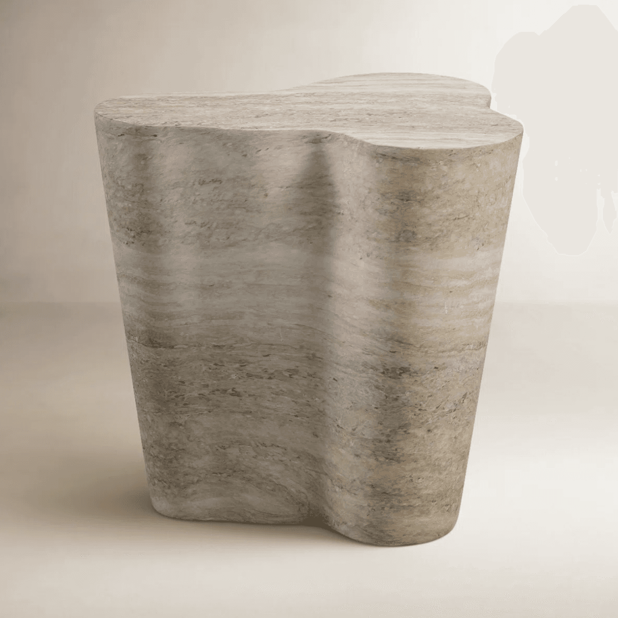 A single piece of furniture, a side table with an organic, wavy silhouette. The table has a cylindrical base that tapers slightly towards the top, with the sides exhibiting a continuous undulating form. The top surface is flat and irregularly shaped, echoing the curves of the body. The material appears to be a type of stone with distinct horizontal striations and variations in tone. — 3D model