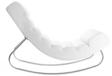 A modern white rocking chaise lounge featuring segmented, horizontally tufted upholstery and a sleek, curvilinear polished chrome frame that also functions as the rocking mechanism. — 3D model