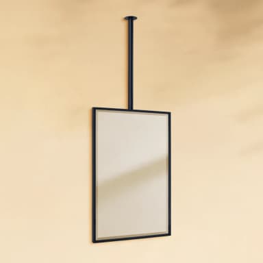 A modern, minimalist full-length mirror suspended from the ceiling by a slender black rod. The rectangular mirror features a thin, clean black metal frame that encases the reflective glass surface. The design suggests a contemporary aesthetic, providing a functional reflective surface without requiring wall or floor support, ideal for open spaces or dressing areas. — 3D model
