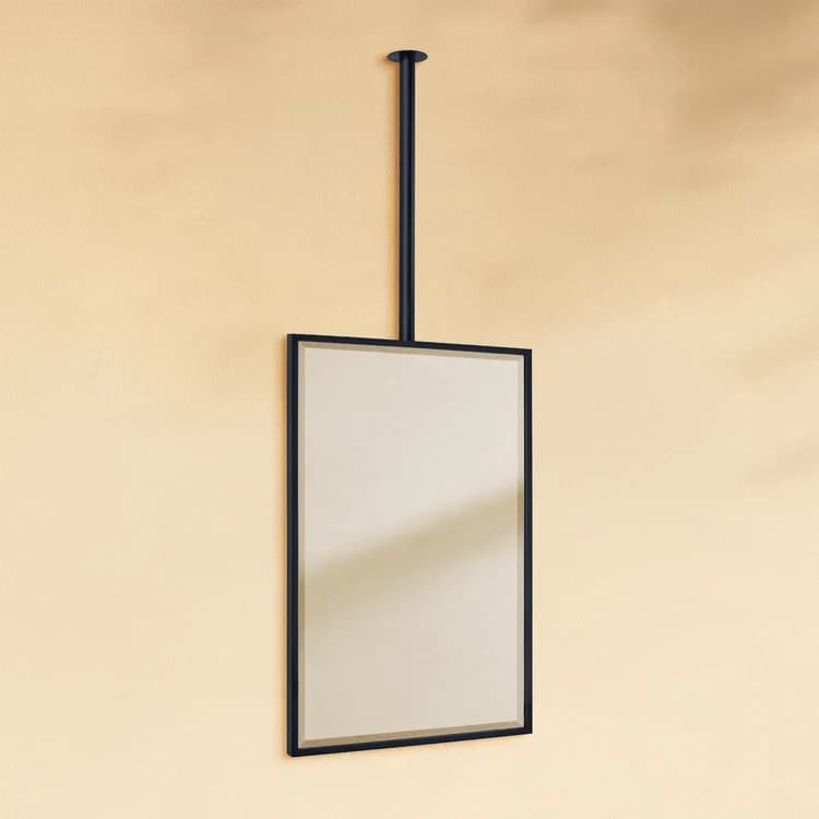 A modern, minimalist full-length mirror suspended from the ceiling by a slender black rod. The rectangular mirror features a thin, clean black metal frame that encases the reflective glass surface. The design suggests a contemporary aesthetic, providing a functional reflective surface without requiring wall or floor support, ideal for open spaces or dressing areas. — 3D model