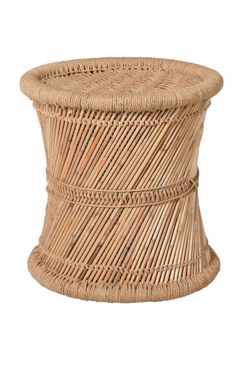 A natural fiber hourglass-shaped stool, constructed from diagonal bamboo-like sticks and interwoven with rope, featuring a flat woven top and base. — 3D model