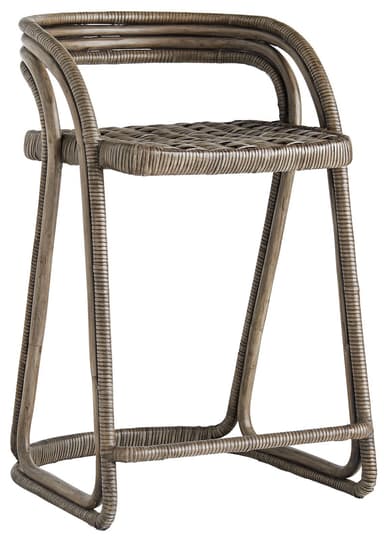A counter or bar stool constructed from bent and woven rattan, featuring a curved backrest and an integrated footrest. The material exhibits a natural, weathered gray-brown finish, contributing to a rustic or coastal aesthetic. — 3D model
