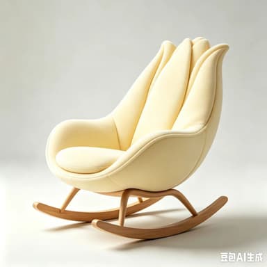 A contemporary rocking chair featuring a unique, sculptural design with a backrest composed of multiple petal-like upholstered segments. The chair is upholstered in a pale yellow fabric and rests on a light-toned wooden rocking base. — 3D model