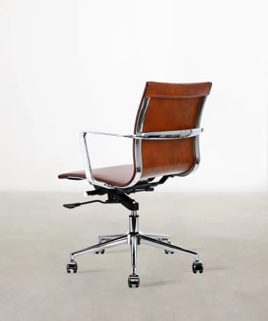 A stylish mid-century modern-inspired office chair featuring brown leather upholstery, a polished chrome frame, and a five-star swivel base with caster wheels. The chair has open, cantilevered armrests integrated into the frame. The seat and backrest are padded and contoured, suggesting comfort for desk work. — 3D model