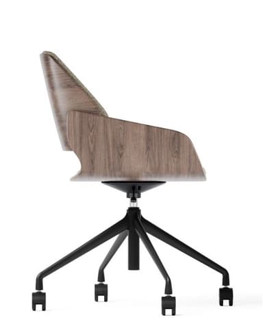 A modern office chair with a curved, molded shell featuring a wood veneer exterior and upholstered seat and backrest. It has a five-star base with casters and a gas lift mechanism for height adjustment. — 3D model