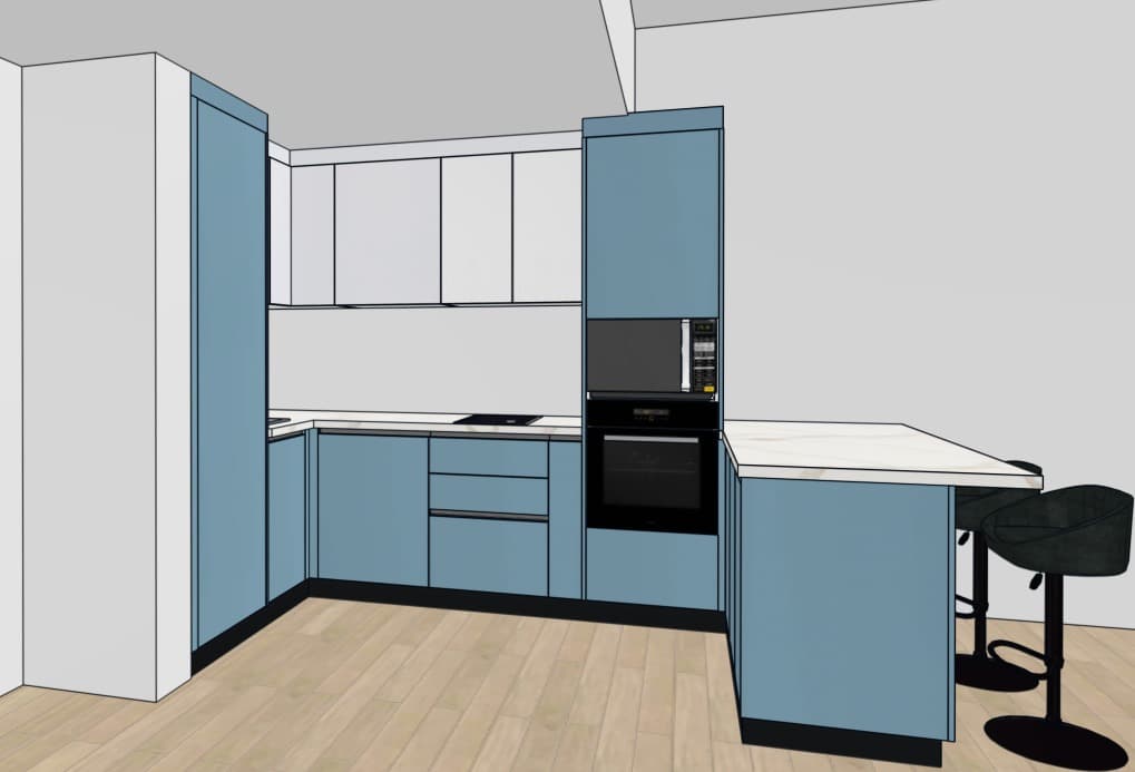 A rendering of a modern, L-shaped kitchen cabinet set.  The cabinets are primarily a light blue-gray color. The set includes base cabinets with drawers and doors, wall cabinets, an integrated oven, and what appears to be a microwave above the oven.  A countertop extends to form a small peninsula or breakfast bar. One section of the cabinetry appears to be a taller pantry or storage unit, off-white in color. The style is minimalist and contemporary. — 3D model