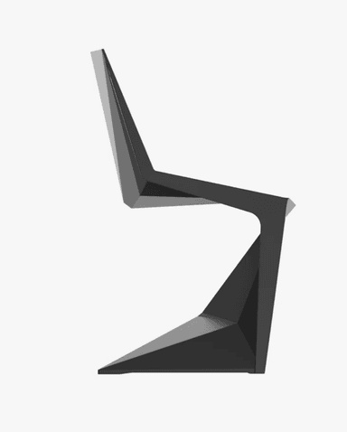 A striking contemporary chair featuring a highly geometric and faceted design, rendered in a matte black finish. Its form is composed of sharp angles and planar surfaces, creating a sculptural aesthetic. The seat, backrest, and integrated armrests flow seamlessly from a complex, angular base, giving it a monolithic appearance. — 3D model