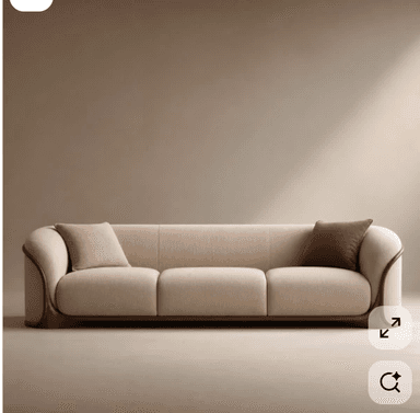 A modern three-seater sofa featuring a distinctive curved wooden frame that elegantly wraps around the base and sides, transitioning into a continuous backrest. The seating area is upholstered in a light beige or off-white fabric, complemented by two throw pillows, one matching the upholstery and another in a contrasting brown hue. — 3D model