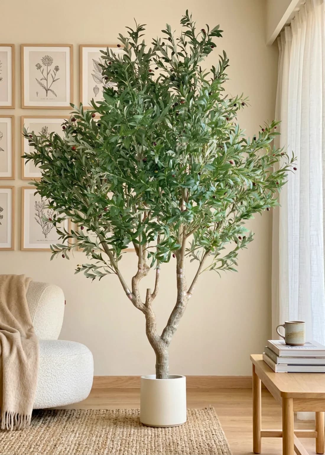 A faux olive tree presented in a simple, white cylindrical pot. The tree features a realistic-looking multi-branch trunk structure, densely populated with small, elongated green leaves. Scattered among the foliage are small, dark reddish-brown artificial olives, enhancing its lifelike appearance. The pot has a smooth, matte finish. — 3D model
