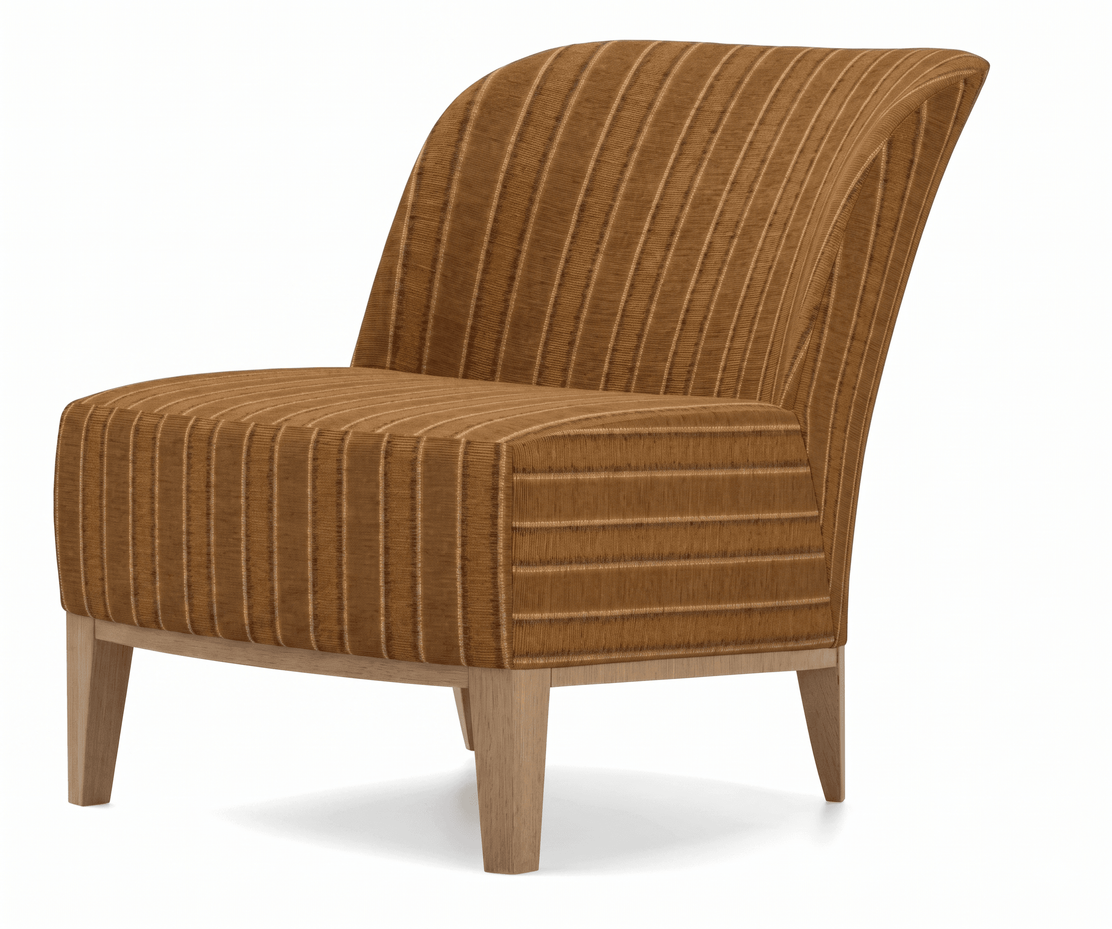 A contemporary armchair upholstered in a striped fabric. The armchair features a gently curved backrest that extends to integrated arms, and a padded seat. It is supported by four tapered wooden legs. — 3D model