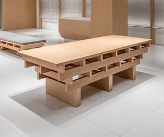 A rectangular wooden coffee table featuring a distinctive multi-tiered, slatted base crafted from light-toned wood, presented on a white background. — 3D model