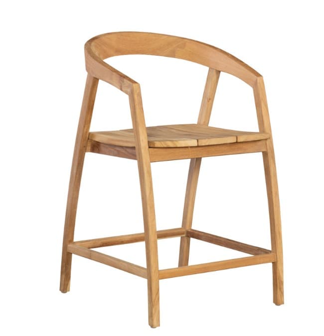 A wooden bar stool with a curved backrest and armrests. The seat is composed of several wooden slats. The stool has four legs connected by crossbars for stability. — 3D model