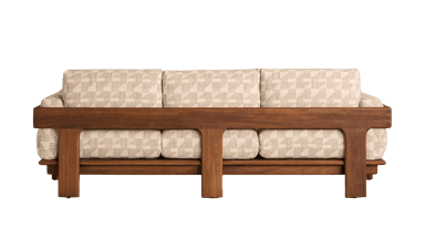 A single-seater armchair with a wooden frame and upholstered seating and backrest. The upholstery features a geometric pattern in neutral tones. The wooden frame has clean lines and a smooth finish. — 3D model
