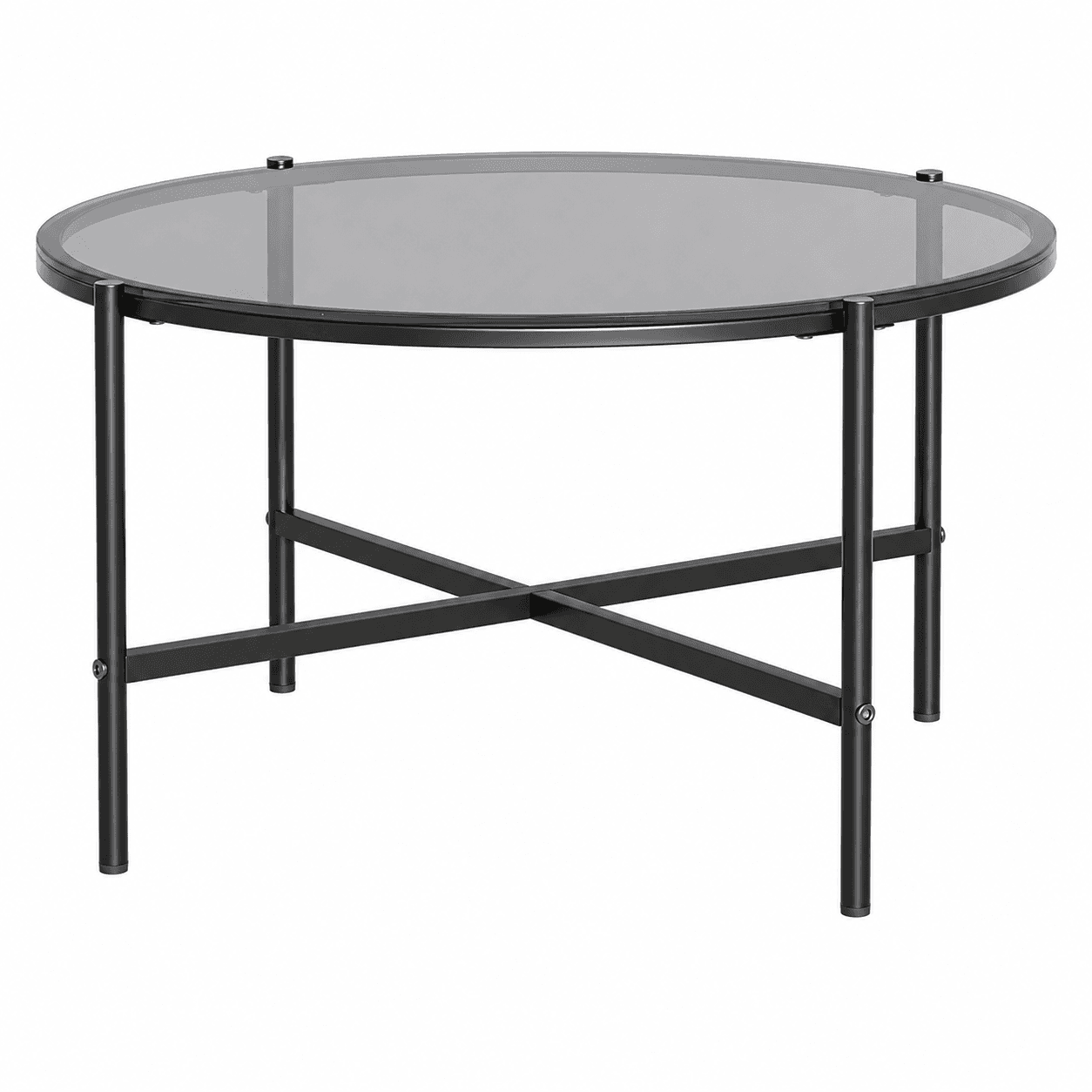 A modern, round coffee table featuring a smoked grey tempered glass top supported by a sleek black metal frame. The base consists of four vertical legs connected by an X-shaped cross stretcher for stability and a minimalist aesthetic. — 3D model