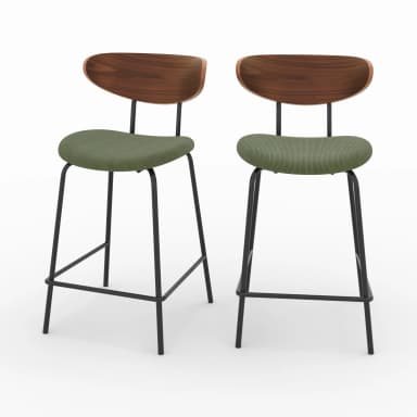 A bar stool with a curved wooden backrest and a green upholstered seat, supported by a black metal frame with footrests. — 3D model