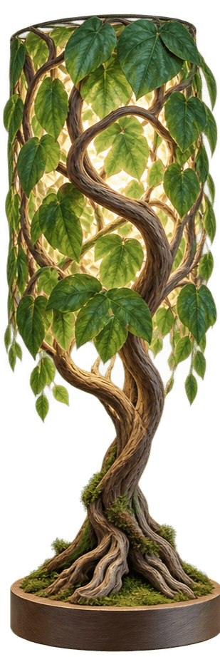 A highly decorative table lamp featuring a sculptural base resembling a gnarled tree trunk with roots, surrounded by green moss, set on a round dark wooden plinth. The upper section forms a cylindrical shade adorned with twisting vines and vibrant green leaves, illuminated from within to create a glowing botanical effect. — 3D model