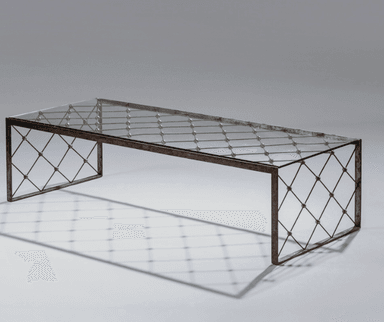 A rectangular coffee table with a glass top and a metal base. The base features a crisscross pattern of thin metal rods with spherical brass accents at each intersection. The legs are simple, straight forms that support the rectangular frame. — 3D model