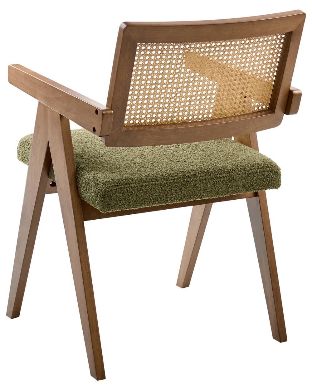 A mid-century modern style armchair featuring a wooden frame, a natural cane webbing backrest, and a padded seat upholstered in green textured fabric. — 3D model
