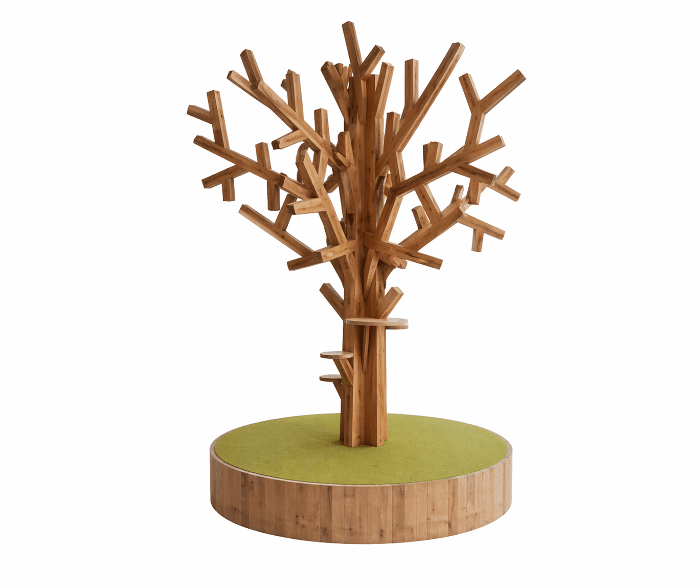 A tree-shaped display stand constructed from wooden elements. It features a central trunk-like structure branching out into numerous wooden slats, creating a visually complex and artistic form. Integrated into the structure are small platforms, possibly for displaying items. The base is a circular platform covered with green material, resembling grass, and encircled by a wooden base. — 3D model