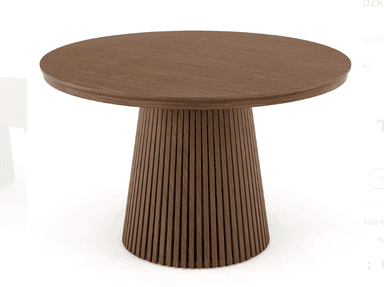 A modern round dining table featuring a solid wood construction with a distinctive fluted pedestal base and a smooth circular tabletop. — 3D model