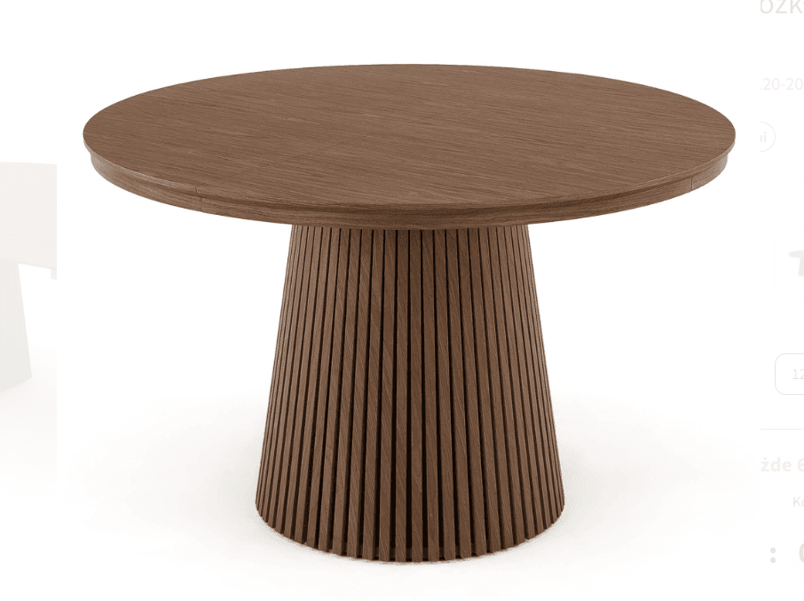 A modern round dining table featuring a solid wood construction with a distinctive fluted pedestal base and a smooth circular tabletop. — 3D model