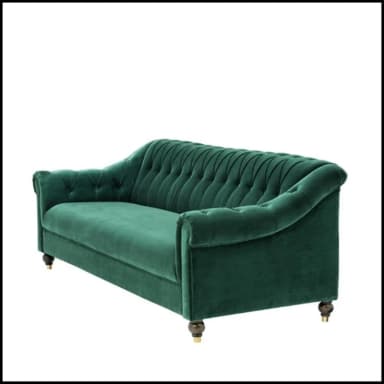 A velvet upholstered sofa with deep button tufting along the back and arms. The sofa features rolled arms and sits on short, decorative wooden legs with brass accents. The back is tufted and curves slightly outwards. The color is a rich emerald green. — 3D model