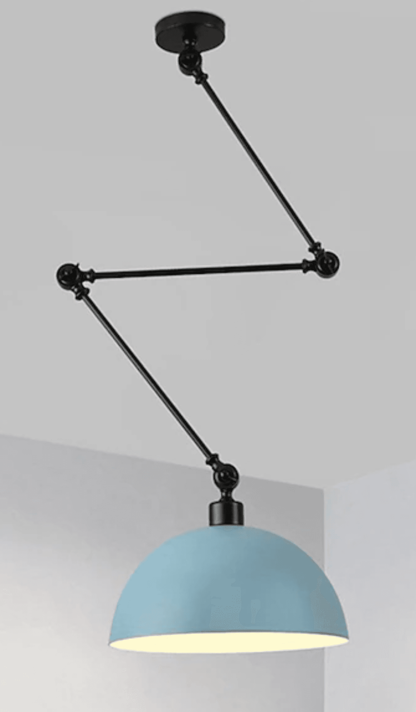 A pendant light fixture featuring a dome-shaped shade and an articulated arm for adjustable positioning. The fixture is constructed with a black metal finish for the arm and canopy, and a light blue painted metal for the shade. The articulated arm consists of multiple pivot points, allowing for the height and angle of the shade to be customized. The dome shade is open at the bottom, directing light downwards. — 3D model