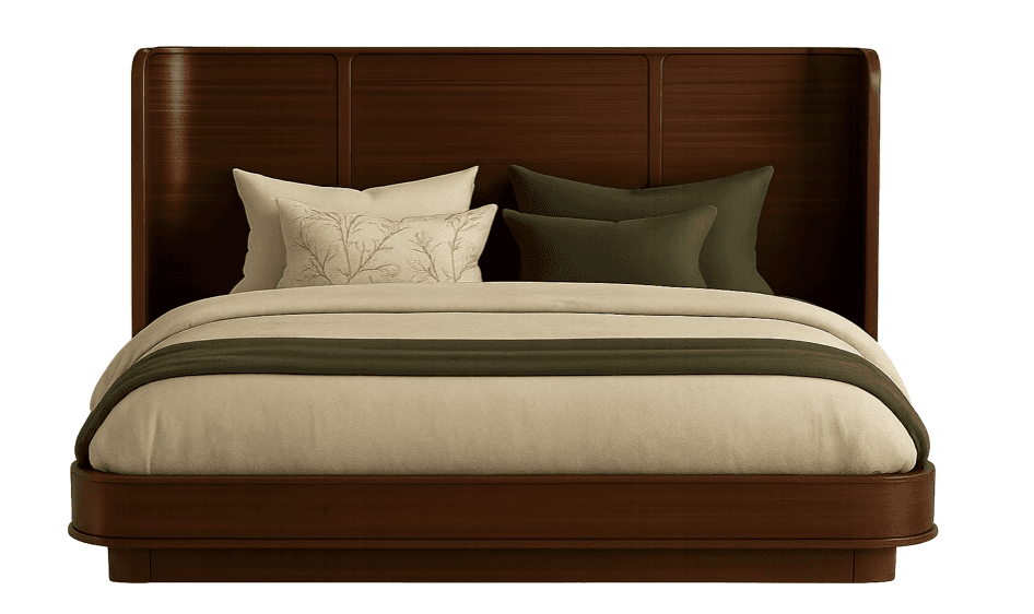 A wooden bed frame with a tall, rectangular headboard featuring vertical paneling and curved side extensions. The bed is dressed with layered bedding, including a neutral-toned duvet, accent pillows with a subtle botanical pattern, and dark green throw pillows, along with a dark green throw blanket. — 3D model