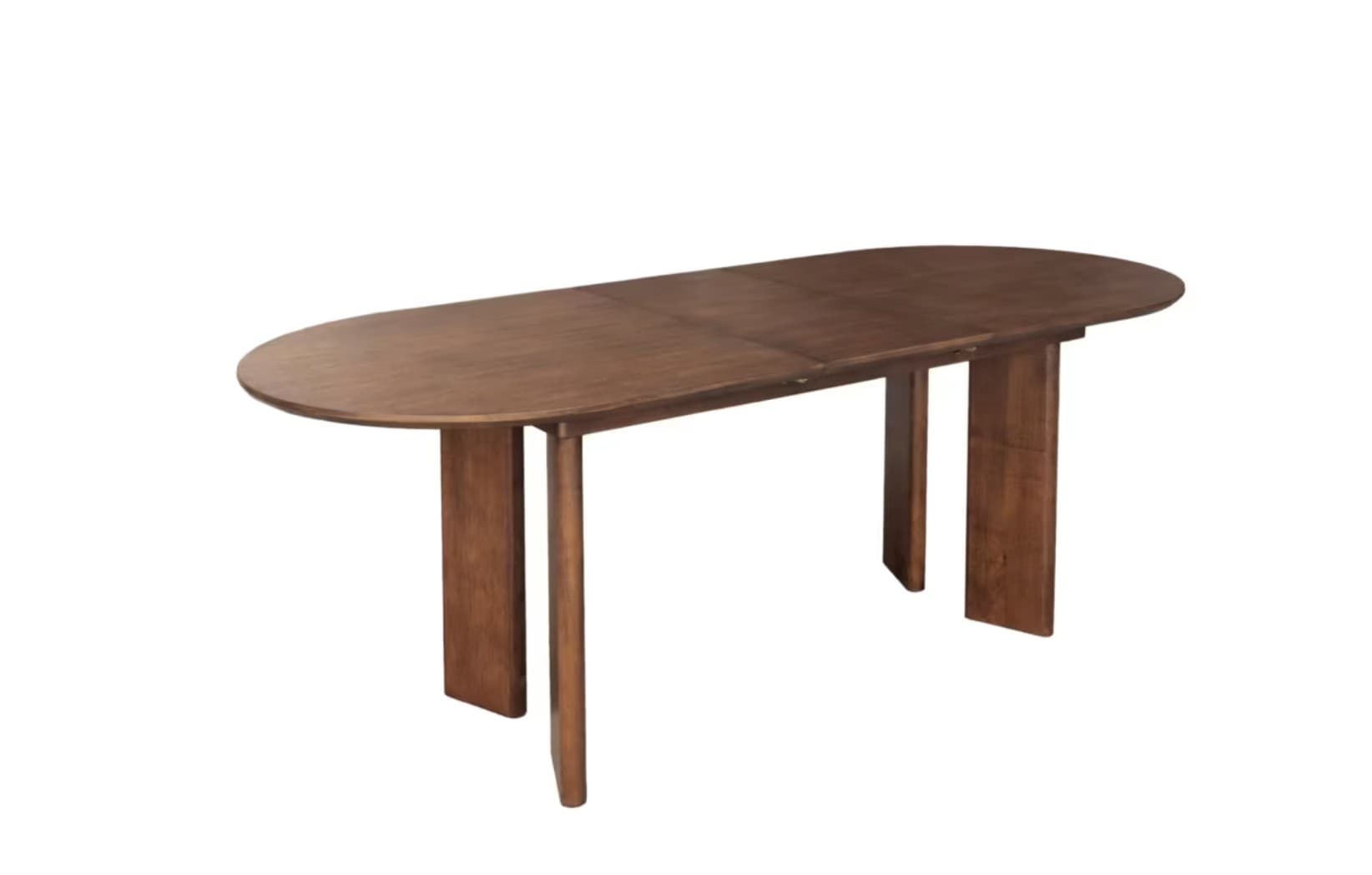An extendable oval dining table with a rich brown wood finish. The table features a segmented top that can be extended, and it is supported by two substantial, rectangular pedestal legs. The legs are oriented parallel to each other at each end, creating a minimalist and modern aesthetic. — 3D model