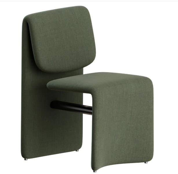 A modern armless chair with a sculptural, minimalist design, entirely upholstered in a deep olive green fabric. The chair features a distinctive U-shaped seat and front legs, which integrate seamlessly with a flat, vertical backrest element, separated by a black horizontal bar. A separate, rounded back cushion provides lumbar support. The overall form is fluid and contemporary. — 3D model