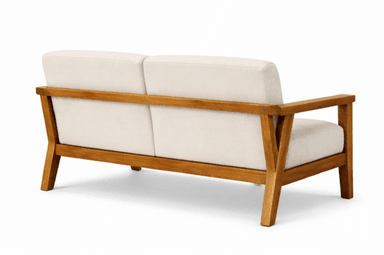 A two-seater sofa with a wooden frame and upholstered cushions. The frame appears to be constructed from natural wood, possibly teak or acacia, with a smooth finish. The seat and backrest are covered in white, upholstered cushions, divided into two sections for seating. The design is simple and modern, suitable for outdoor or indoor use. — 3D model