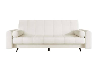 A contemporary white sofa bed featuring channel-tufted upholstery on both the seat and backrest. It has wide, flat armrests and includes two cylindrical bolster cushions. The design suggests a convertible function, allowing it to transition between a seating and sleeping arrangement. It rests on discreet, dark-colored legs. — 3D model