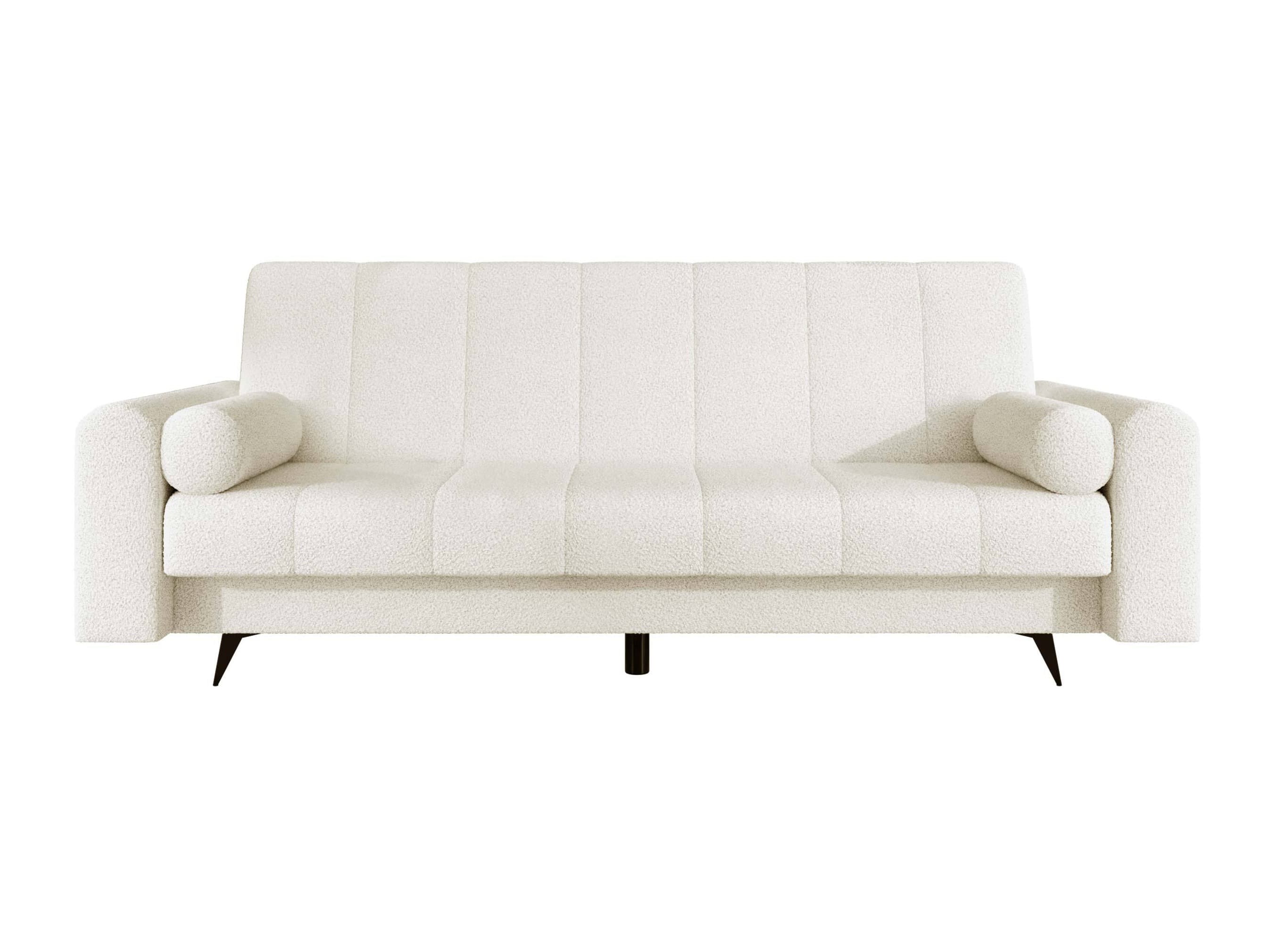 A contemporary white sofa bed featuring channel-tufted upholstery on both the seat and backrest. It has wide, flat armrests and includes two cylindrical bolster cushions. The design suggests a convertible function, allowing it to transition between a seating and sleeping arrangement. It rests on discreet, dark-colored legs. — 3D model