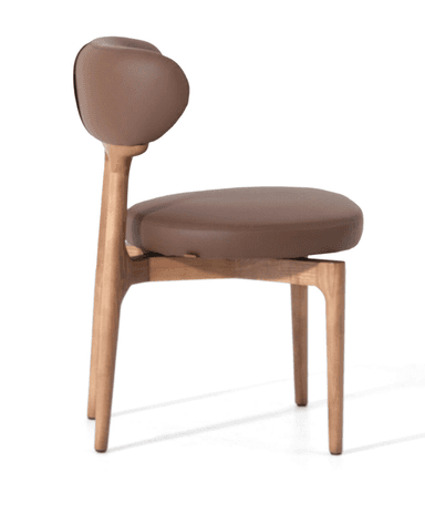 A contemporary chair with a wooden frame and upholstered seat and backrest. The frame has a natural wood finish with visible grain. The seat and backrest are upholstered in brown leather, featuring a smooth texture and rounded edges. — 3D model