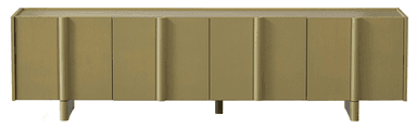 A long, low-profile credenza featuring a monochromatic olive-green finish. It has four cabinet doors with vertical ribbed detailing, subtly integrated handles, and is supported by a combination of flared end feet and central cylindrical legs. — 3D model