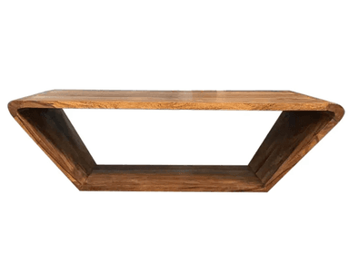 A modern, angular coffee table constructed from solid wood. The table features a rectangular top and an open, geometrically shaped base that curves inward at the ends. The wood grain is prominent, showcasing natural variations in color and texture. The design is minimalist and contemporary. — 3D model
