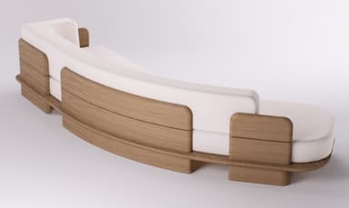 A contemporary curved sofa with white fabric upholstery and exposed light wood back panels and base. — 3D model