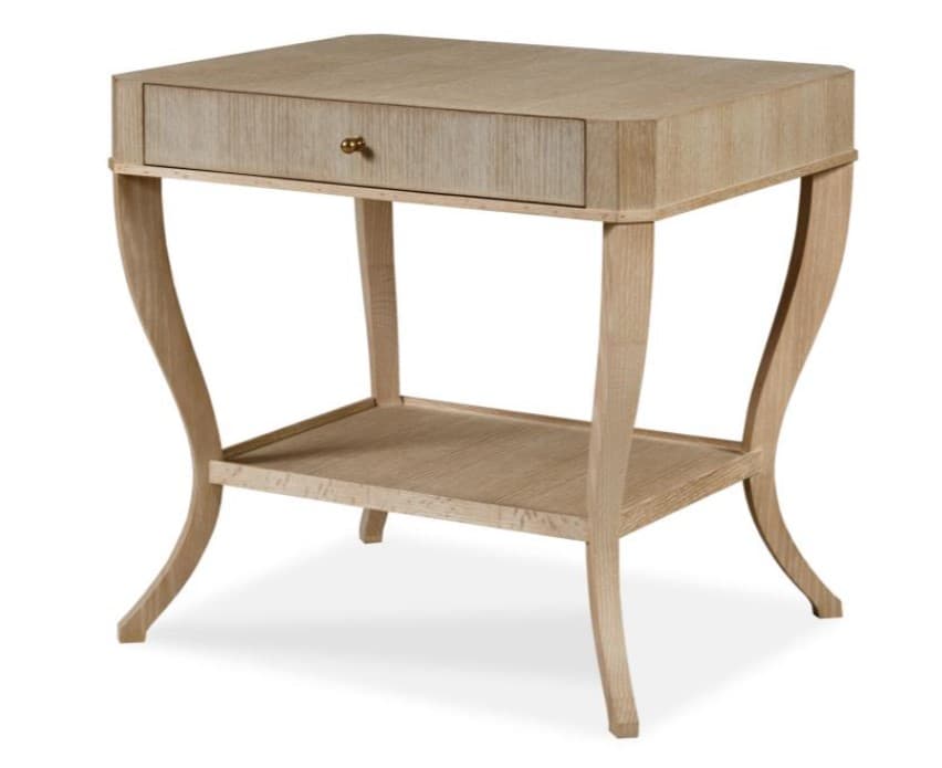 A light-colored wooden end table with a single drawer and a lower shelf. The table features curved legs and a brushed wood grain finish. — 3D model