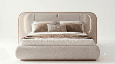 The image displays the rear view of a modern two-seater sofa, characterized by a clean, minimalist design. It features an upholstered back panel in a light, neutral-toned fabric, possibly a textured linen or boucle, encased within a rounded light-colored wooden frame. Two plush back cushions, also in a light neutral shade, are visible peeking over the top edge. A vertical wooden element is integrated into the center of the back, creating a subtle division. The sofa's base also features a matching wooden trim, suggesting a unified design aesthetic. — 3D model