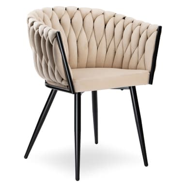 A contemporary armchair featuring a distinctive braided or woven upholstered back and seat in a light beige, velvet-like fabric. The chair is supported by four slim, tapered black metal legs, giving it a modern and elegant silhouette. The backrest curves around to form integrated armrests, and the plush braided design provides both visual texture and apparent comfort. — 3D model