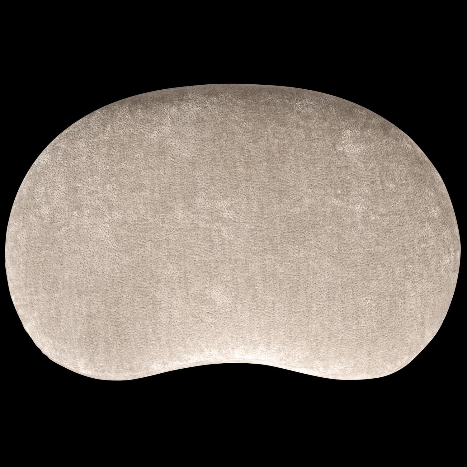 The image displays a single, kidney-bean shaped floor cushion. It is fully upholstered in a light beige or taupe plush, textured fabric, likely velvet or chenille. The edges are soft and rounded, indicating a padded construction. The object is presented against a black background, highlighting its organic form and soft appearance. — 3D model