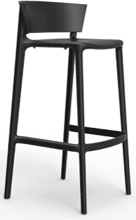 A modern black plastic bar stool featuring a curved backrest and integrated footrest, designed for elevated seating in contemporary spaces. — 3D model