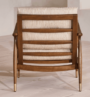 A mid-century modern inspired lounge chair featuring a sturdy exposed dark wood frame, comfortable light-colored upholstered cushions, and elegant brass accents on the armrests and tapered legs. — 3D model