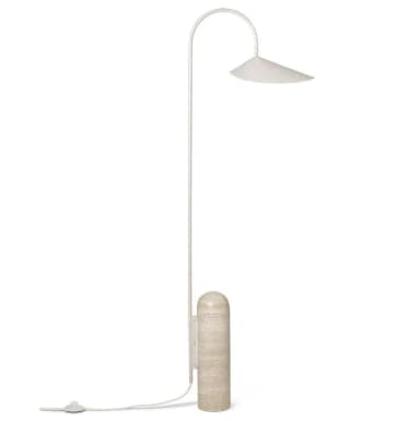 A modern floor lamp featuring a curved white metal stem extending from a cylindrical travertine base, topped with a broad, conical white metal shade. The lamp includes a white power cord with an inline switch. — 3D model